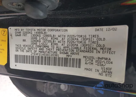 2003 Toyota Highlander Limited V6 from USA, damaged, VIN JTEHF21A530120381